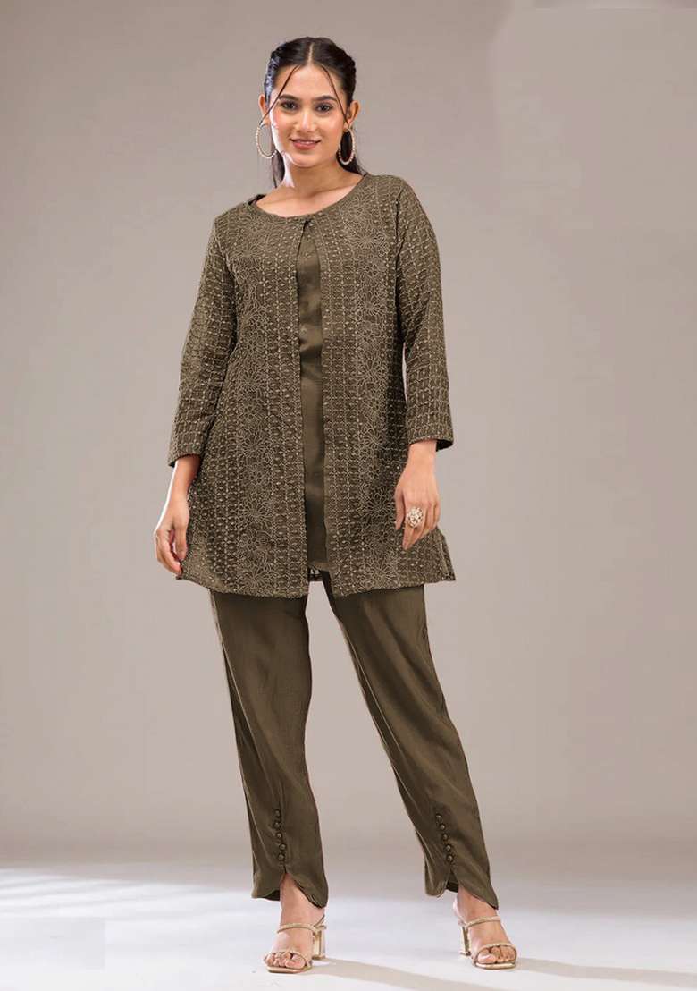 Mehendi Green Thread Work Georgette Kurta Set - Indya