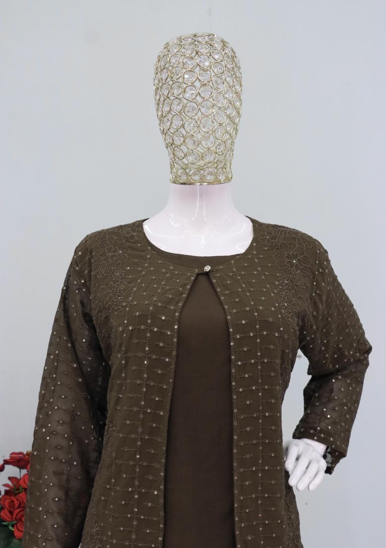 Mehendi Green Thread Work Georgette Kurta Set - Indya