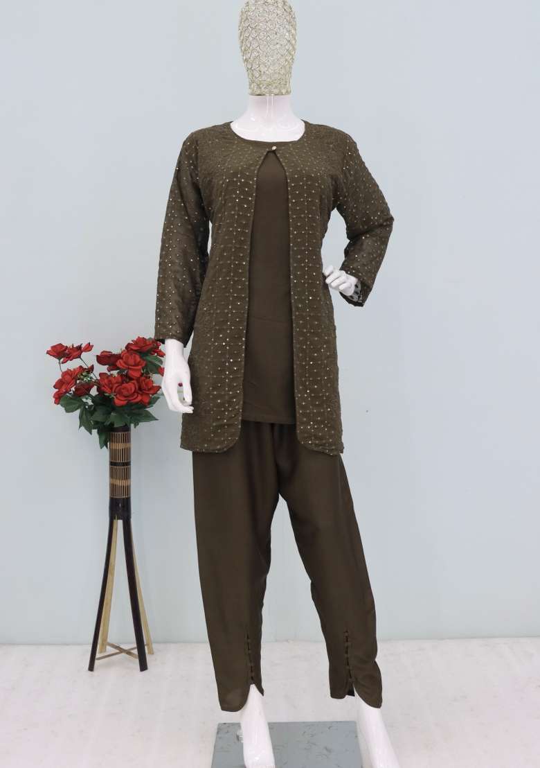 Mehendi Green Thread Work Georgette Kurta Set - Indya