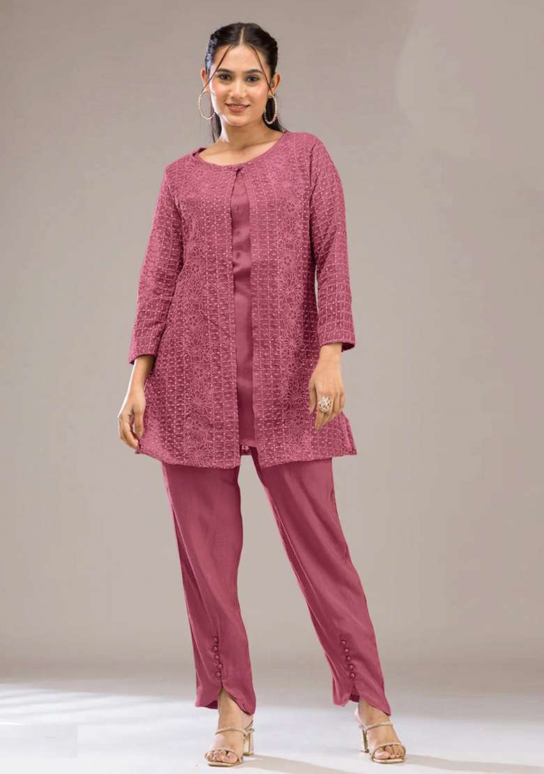 Pink Thread Work Georgette Kurta Set - Indya