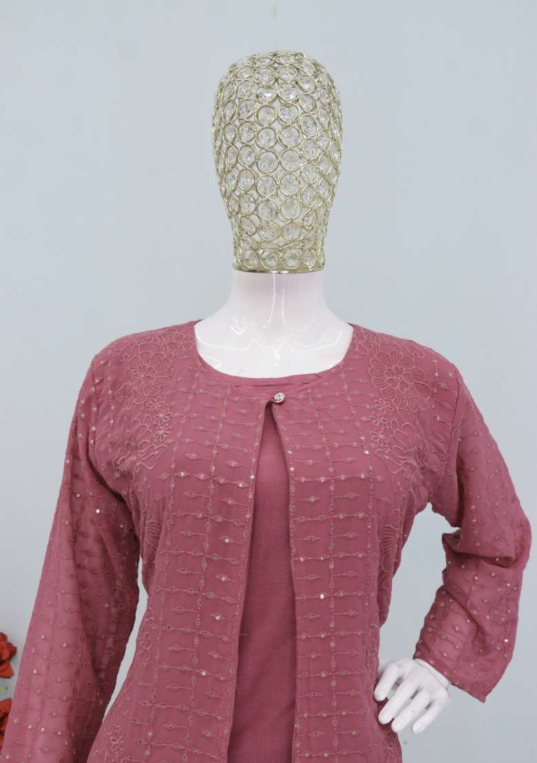 Pink Thread Work Georgette Kurta Set - Indya