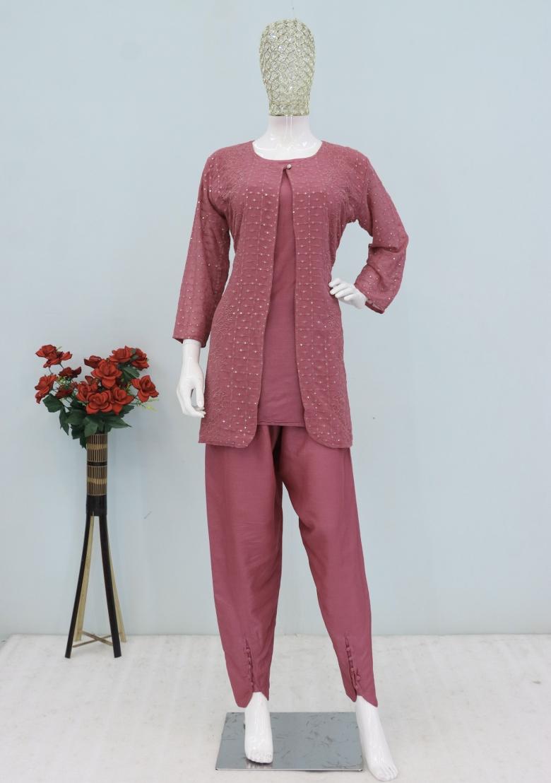Pink Thread Work Georgette Kurta Set - Indya
