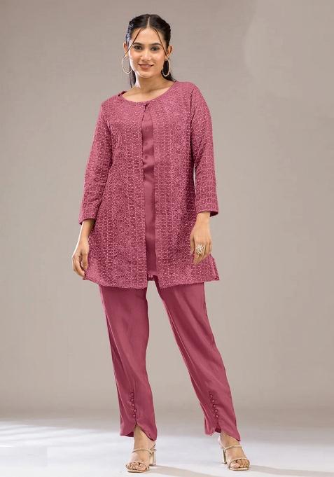 Pink Thread Work Georgette Kurta Set