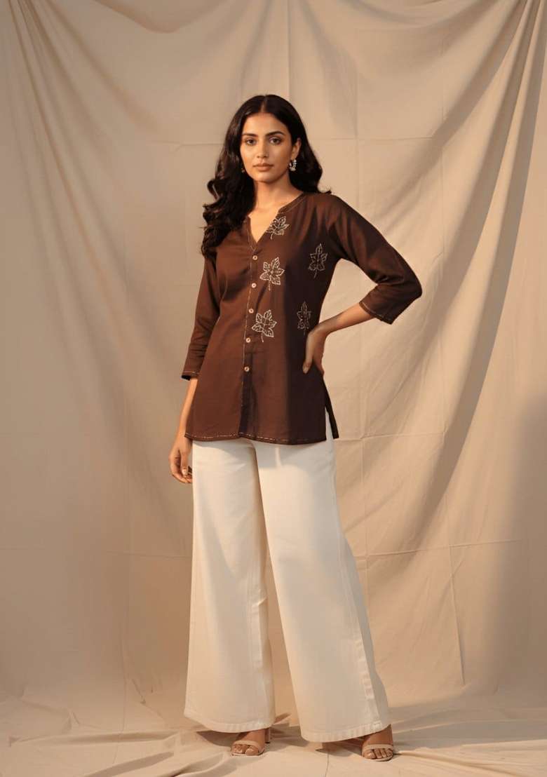 Brown Embroidery Cotton Kurta - Indya