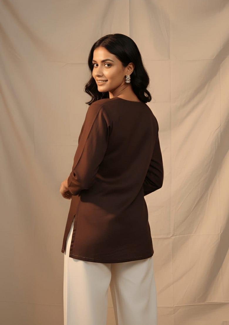 Brown Embroidery Cotton Kurta - Indya