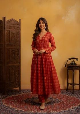 Red Printed Silk Kurta Set