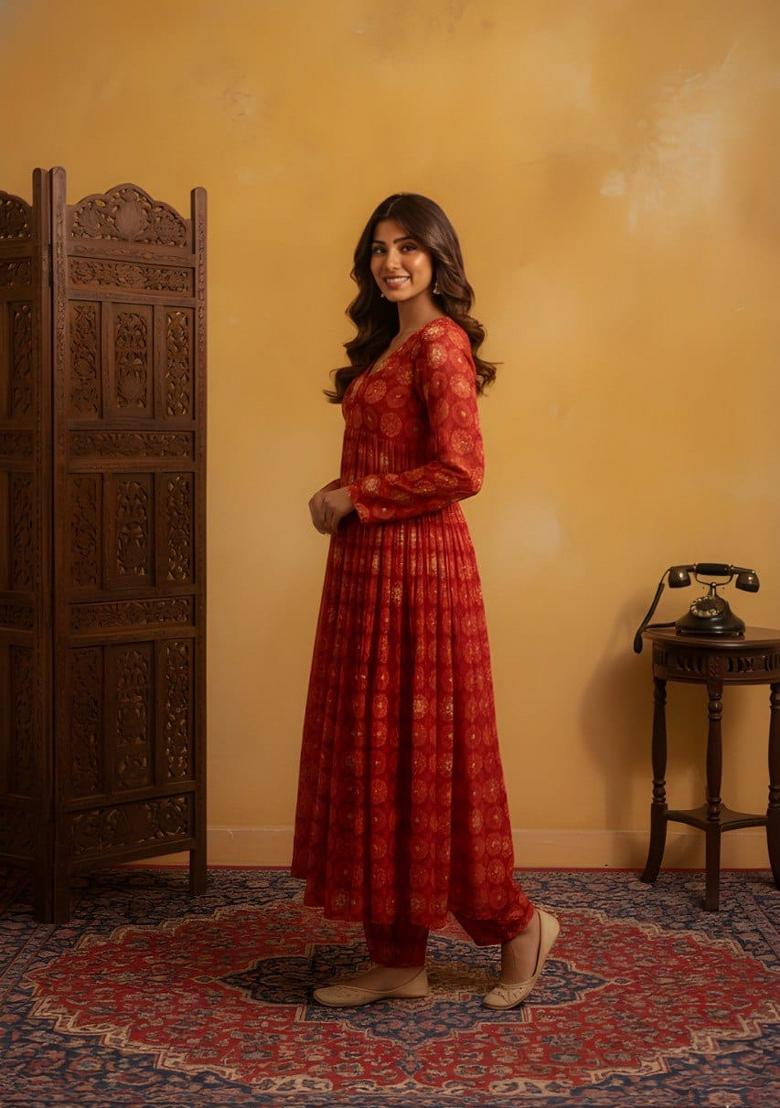 Red Printed Silk Kurta Set - Indya