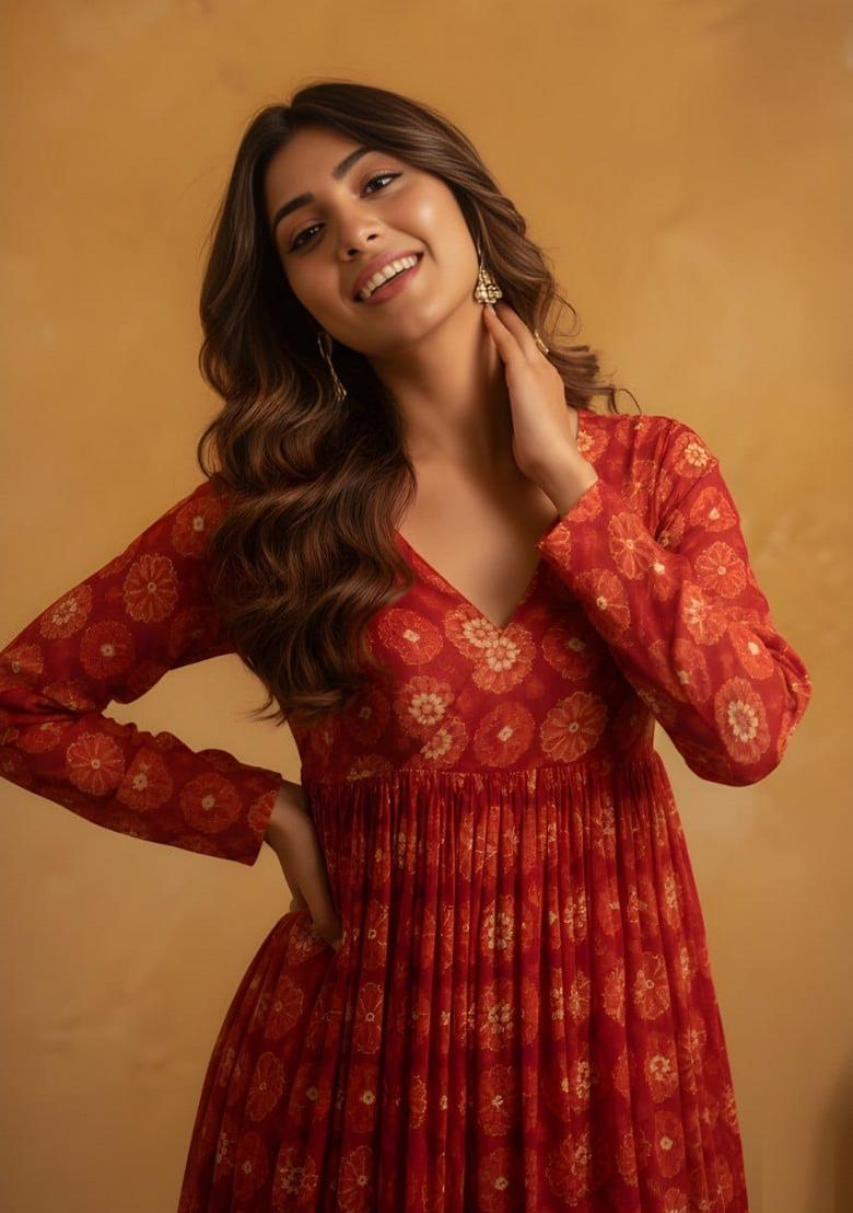 Red Printed Silk Kurta Set - Indya