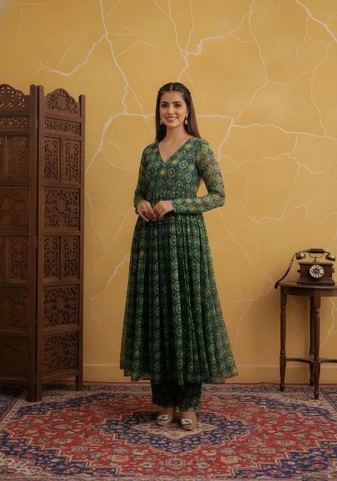Green Printed Silk Kurta Set