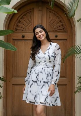 White Printed Crepe Dress