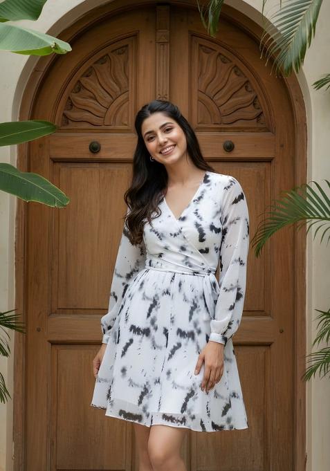 White Printed Crepe Dress