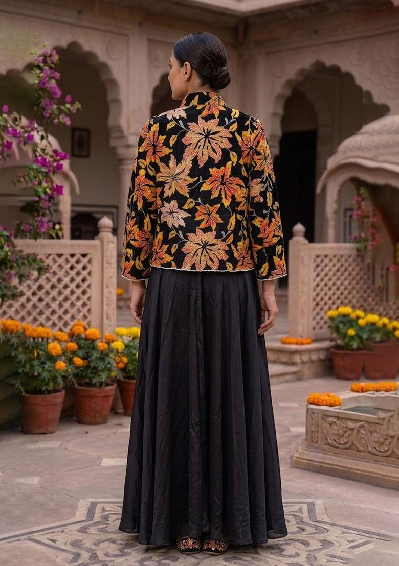 Orange Embroidery Poly Blend Fusion Set - Indya