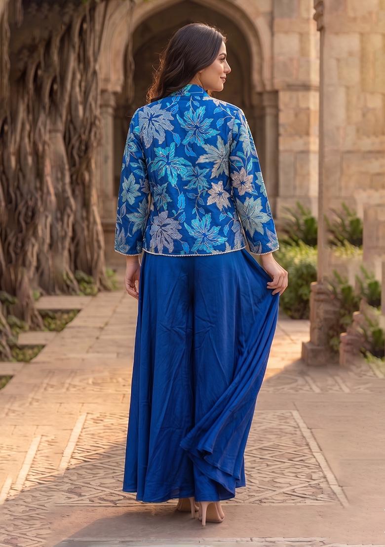 Blue Embroidery Poly Blend Fusion Set - Indya