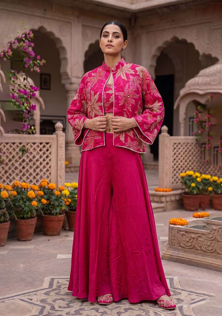 Pink Embroidery Poly Blend Fusion Set - Indya