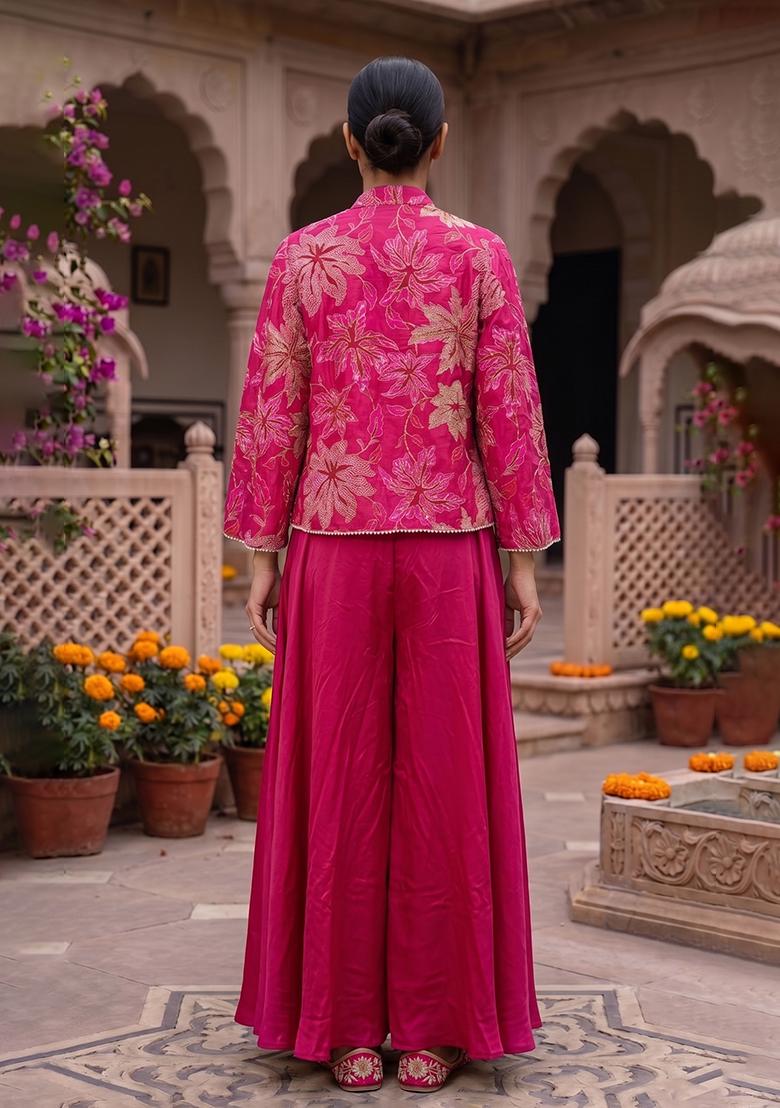 Pink Embroidery Poly Blend Fusion Set - Indya