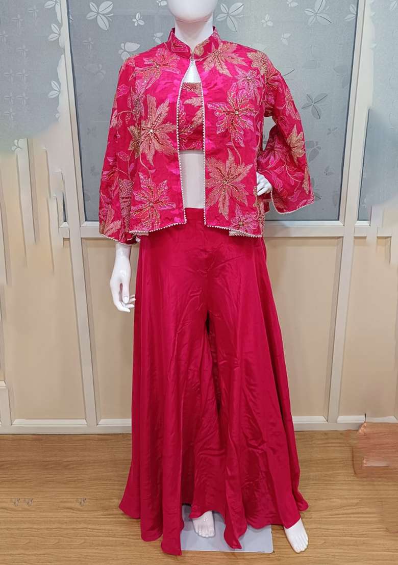 Pink Embroidery Poly Blend Fusion Set - Indya