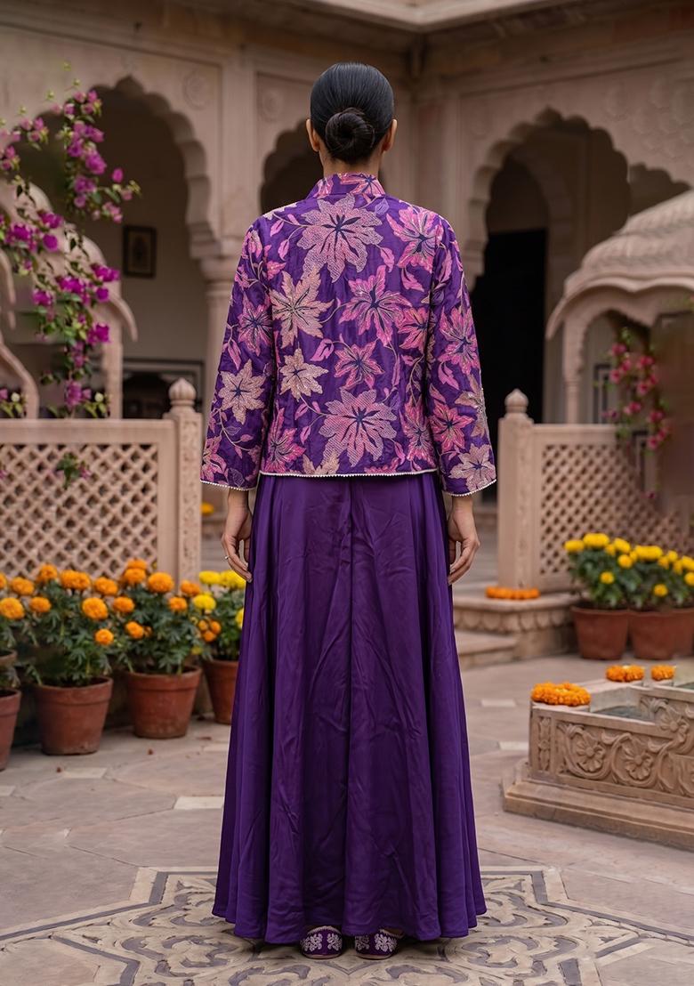 Purple Embroidery Poly Blend Fusion Set - Indya