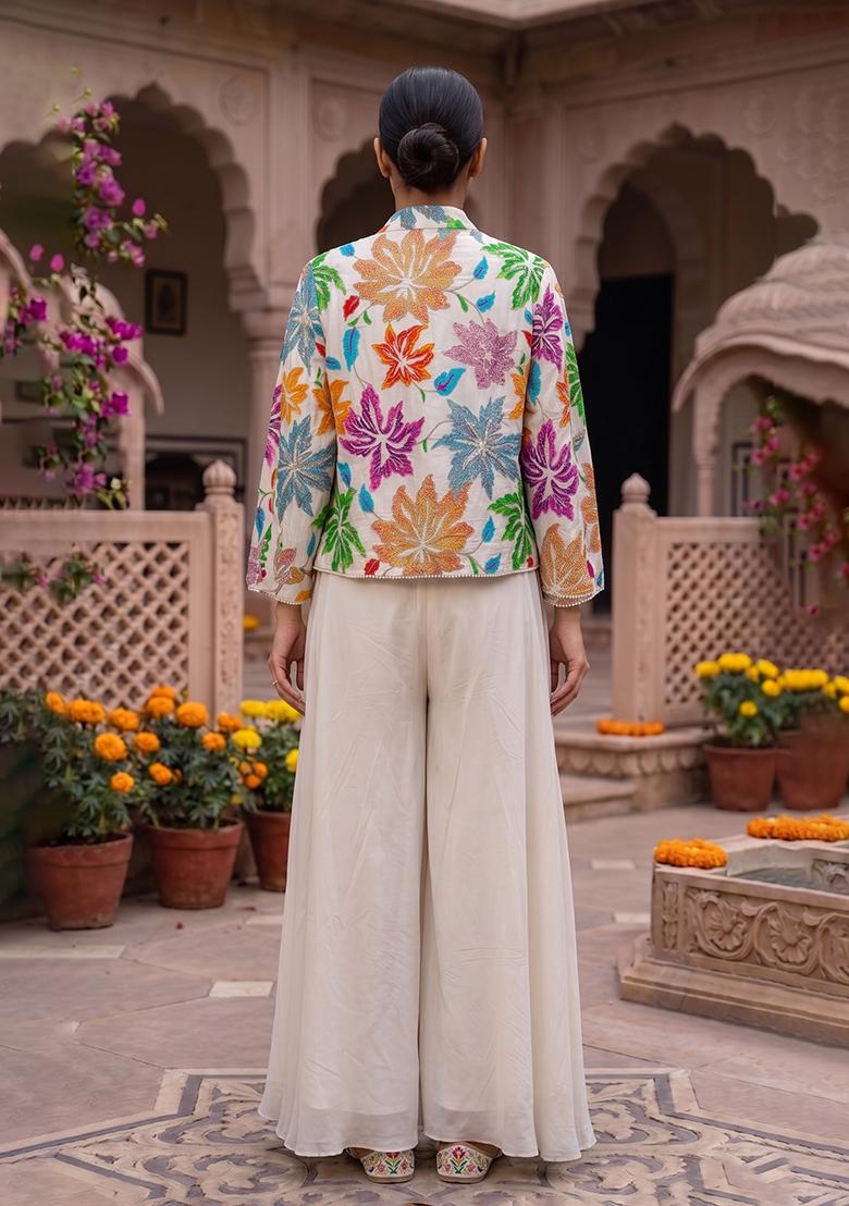 White Embroidery Poly Blend Fusion Set - Indya