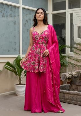 Pink Embroidery Poly Blend Sharara Set