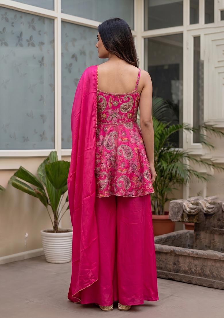 Pink Embroidery Poly Blend Sharara Set - Indya