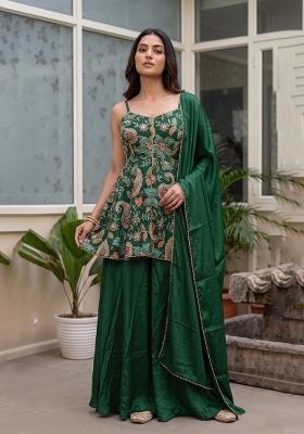 Green Embroidery Poly Blend Sharara Set