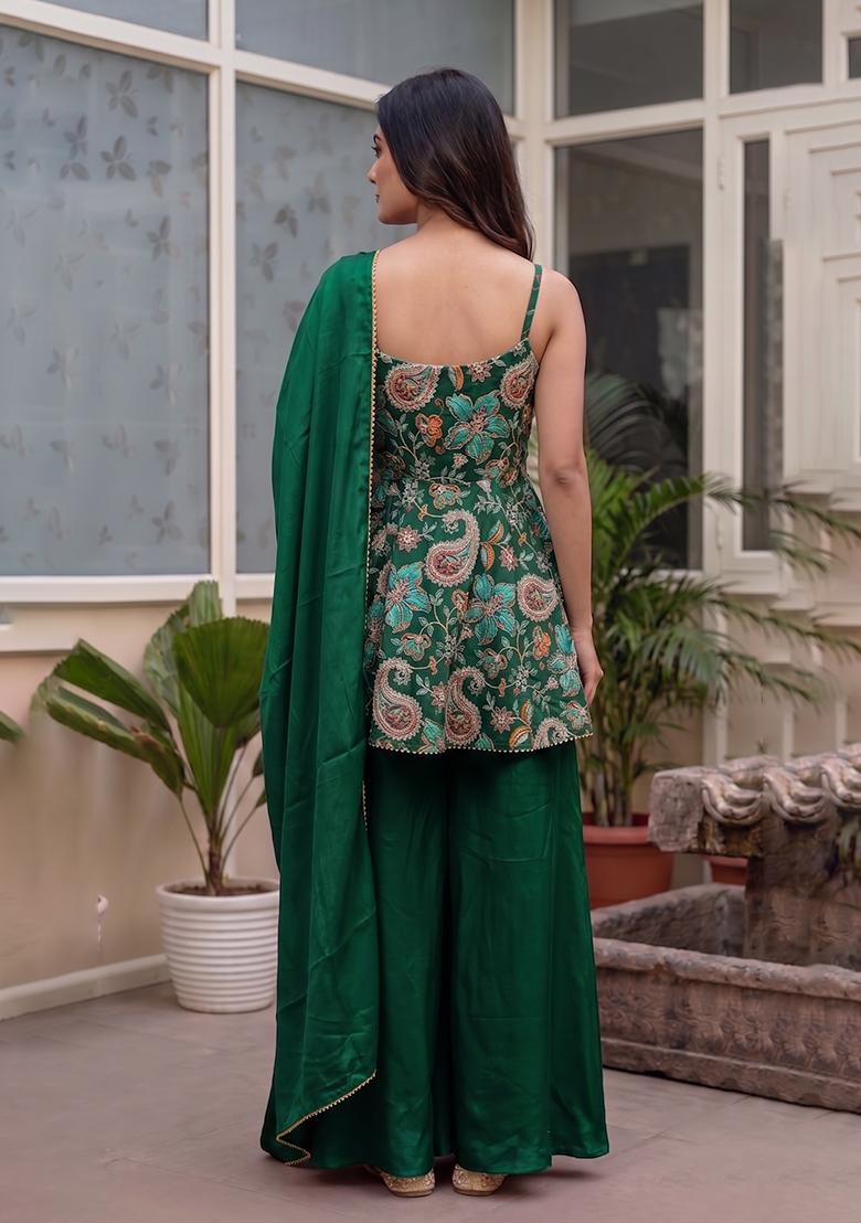 Green Embroidery Poly Blend Sharara Set - Indya