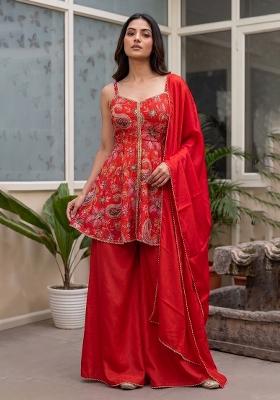 Red Embroidery Poly Blend Sharara Set