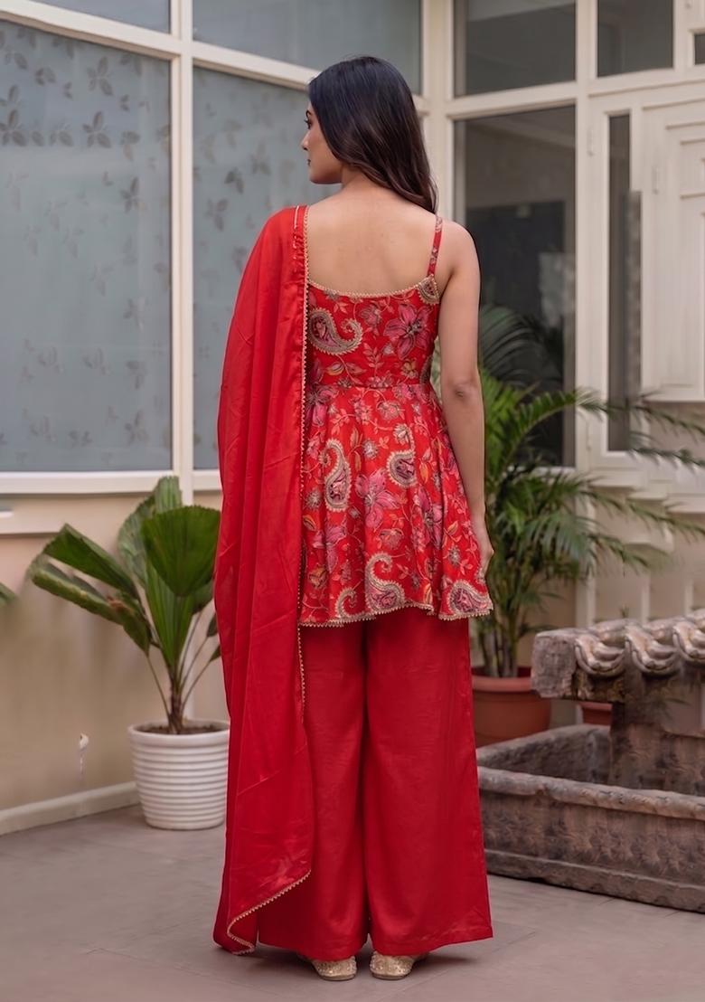 Red Embroidery Poly Blend Sharara Set - Indya