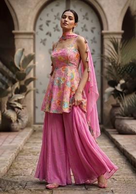 Pink Embroidery Poly Blend Sharara Set