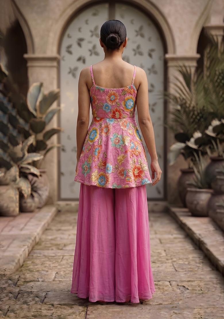 Pink Embroidery Poly Blend Sharara Set - Indya