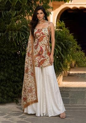 White Embroidery Poly Blend Sharara Set