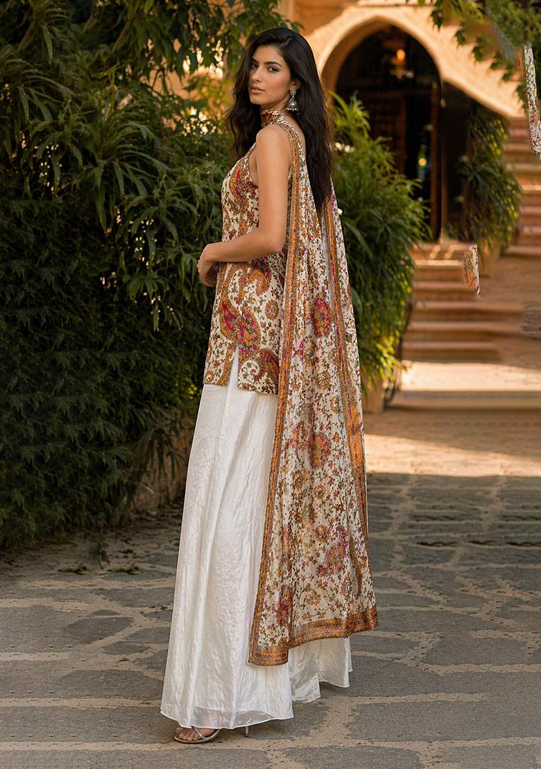 White Embroidery Poly Blend Sharara Set - Indya