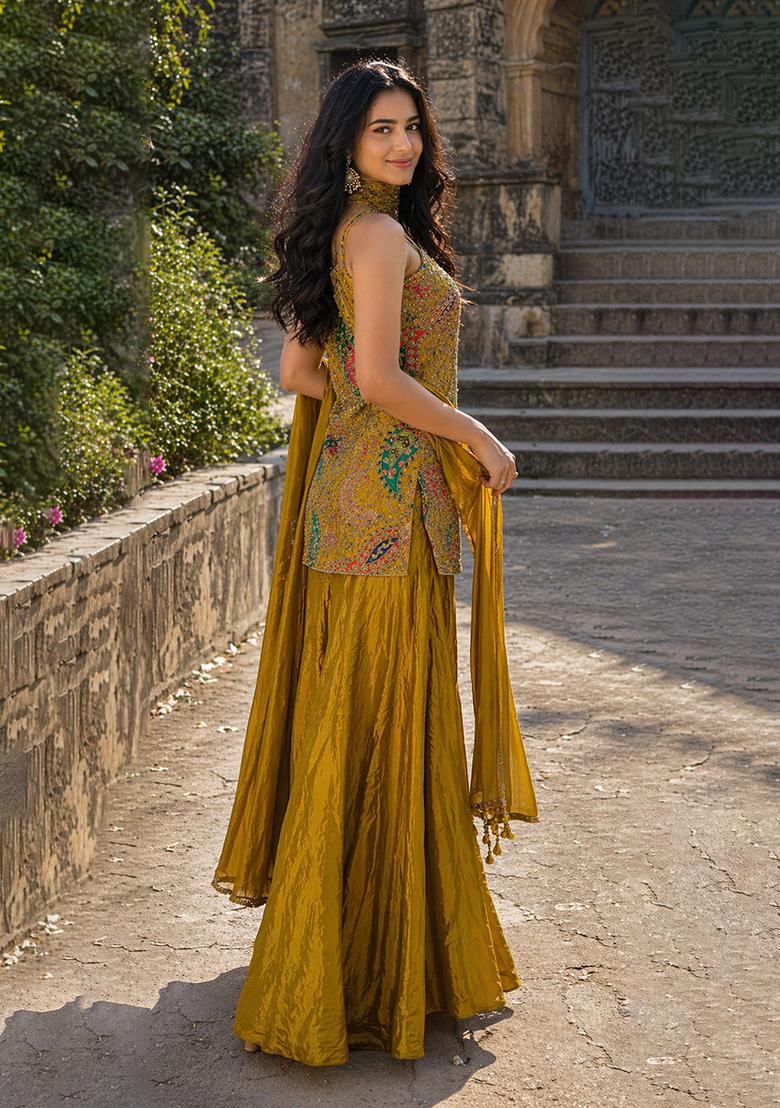 Green Embroidery Poly Blend Sharara Set - Indya