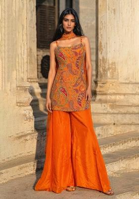 Orange Embroidery Poly Blend Sharara Set