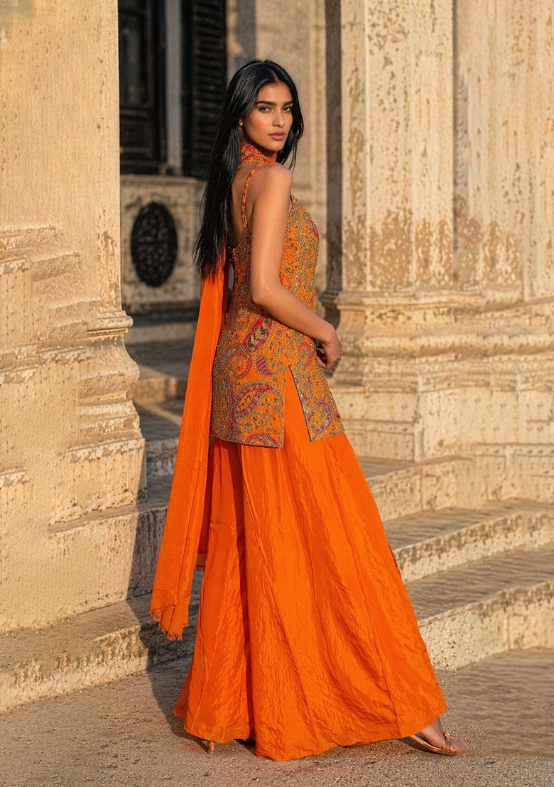 Orange Embroidery Poly Blend Sharara Set - Indya