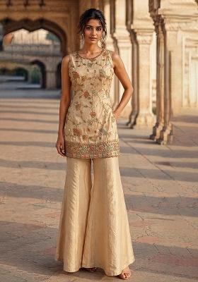 Brown Embroidery Poly Blend Sharara Set