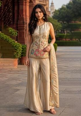 Beige Embroidery Poly Blend Sharara Set