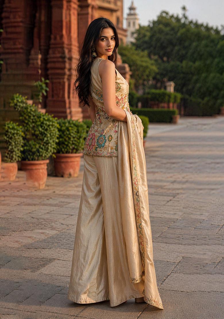 Beige Embroidery Poly Blend Sharara Set - Indya