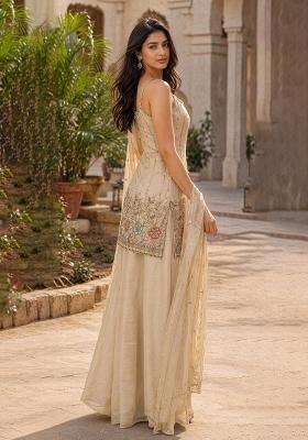 Beige Embroidery Poly Blend Sharara Set