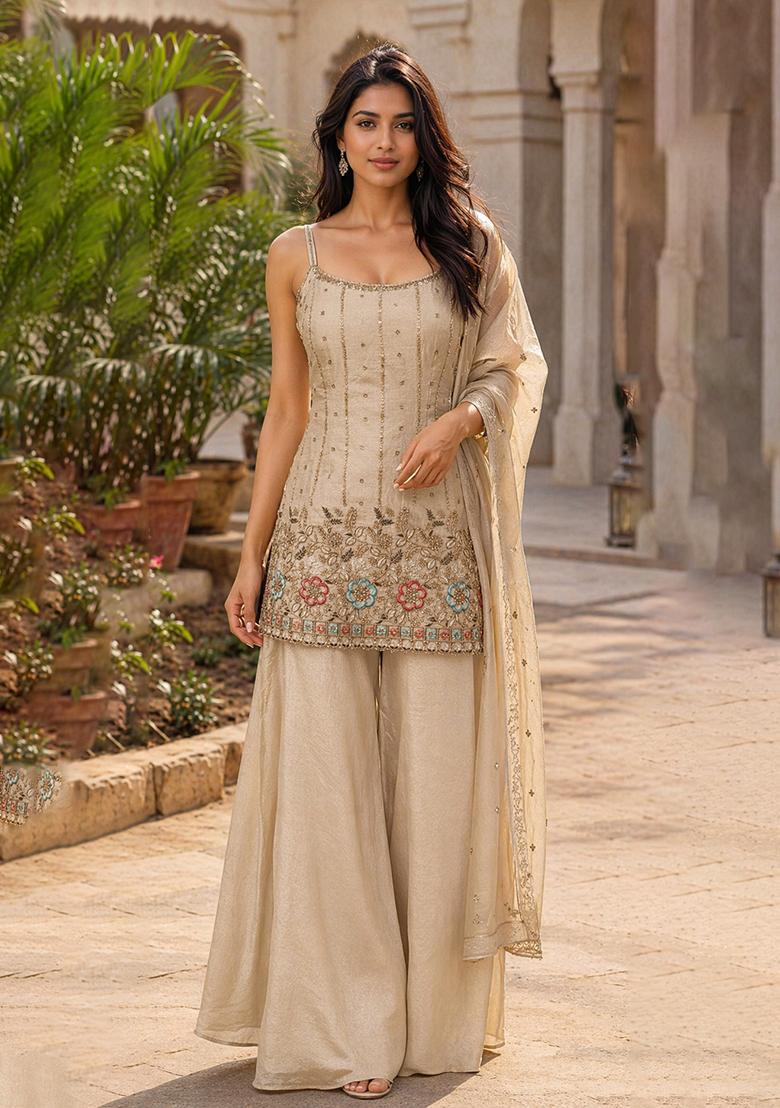 Beige Embroidery Poly Blend Sharara Set - Indya