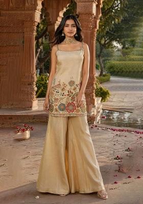 Beige Embroidery Poly Blend Sharara Set