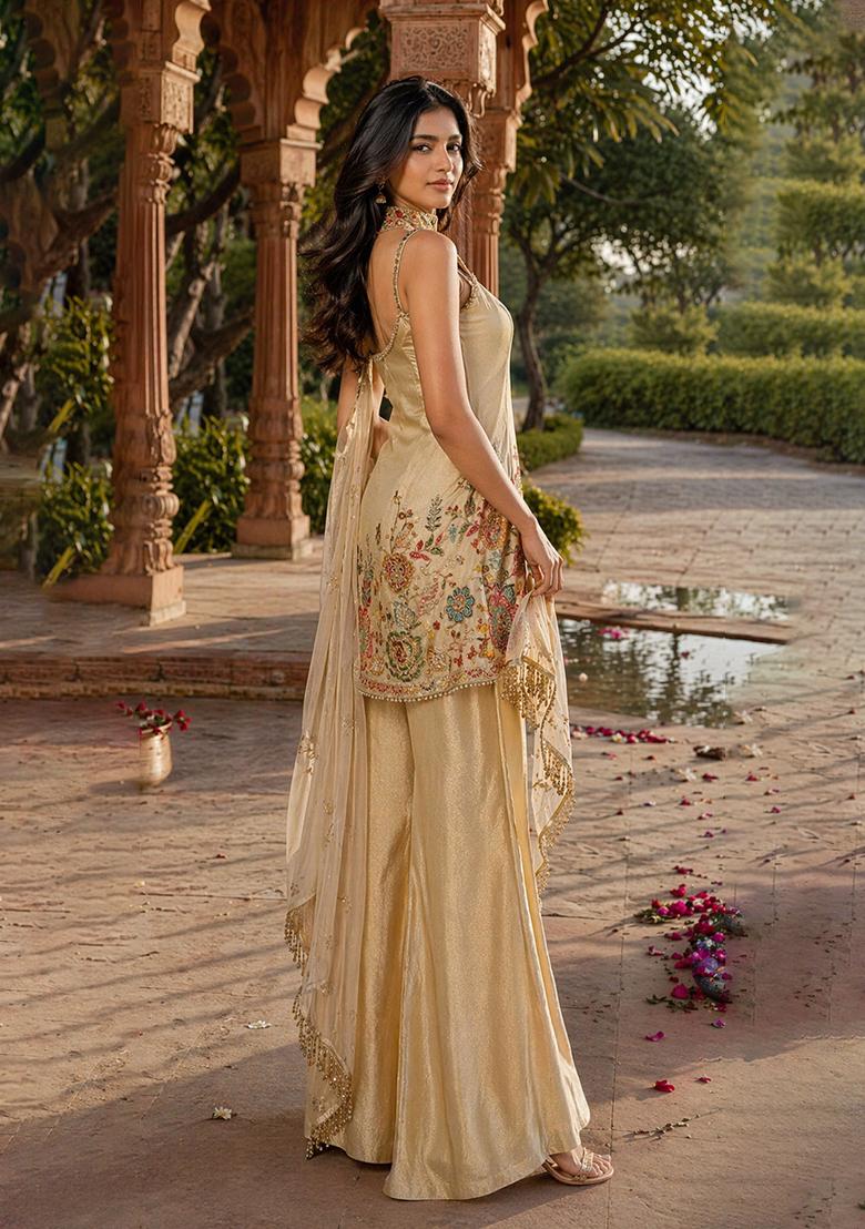 Beige Embroidery Poly Blend Sharara Set - Indya