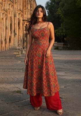 Red Embroidery Poly Blend Kurta Set