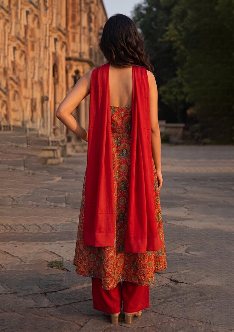 Red Embroidery Poly Blend Kurta Set - Indya