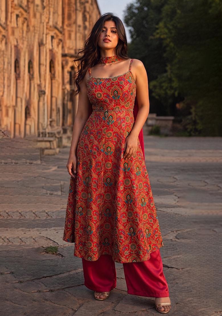 Pink Embroidery Poly Blend Kurta Set - Indya