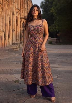 Purple Embroidery Poly Blend Kurta Set