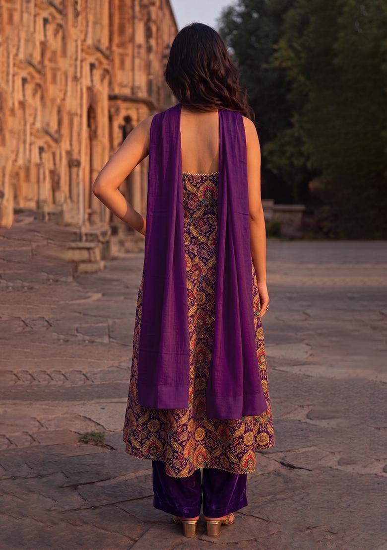 Purple Embroidery Poly Blend Kurta Set - Indya