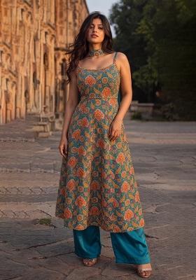 Teal Embroidery Poly Blend Kurta Set