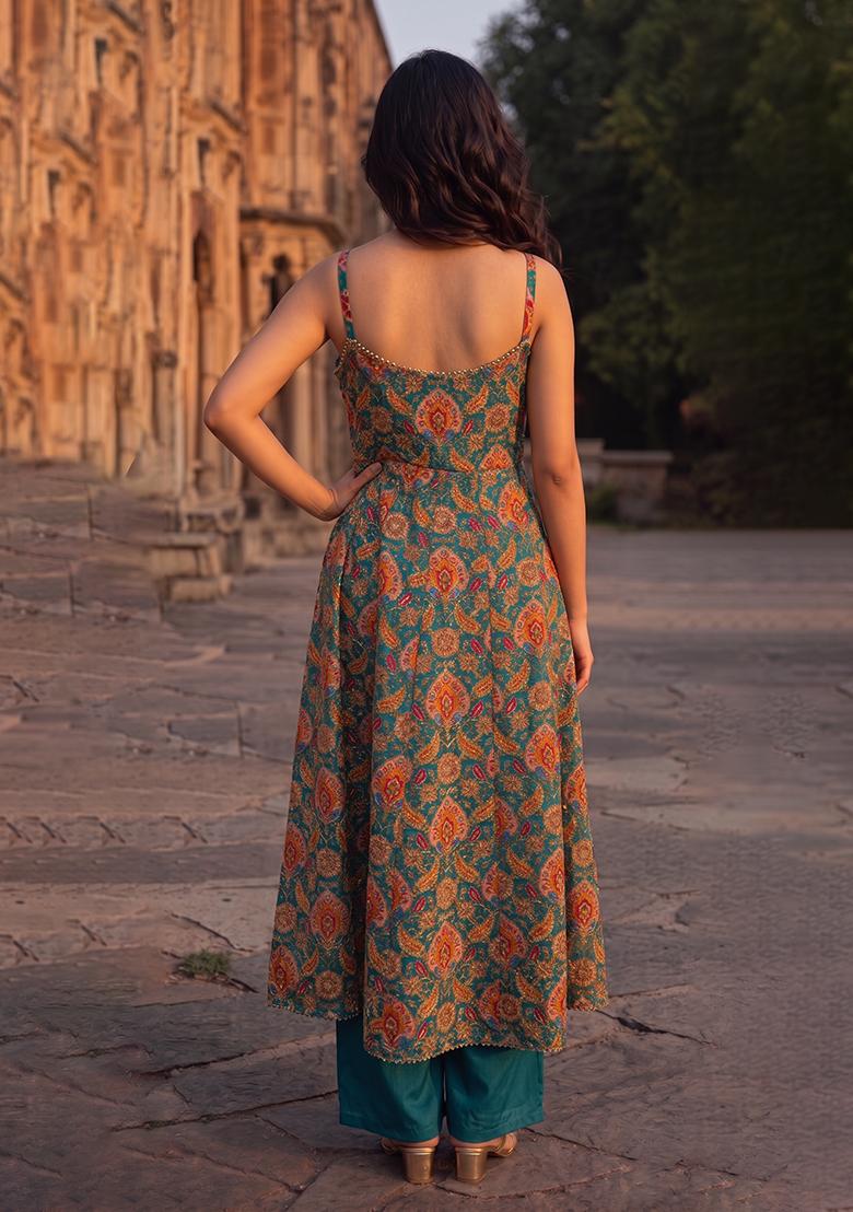 Teal Embroidery Poly Blend Kurta Set - Indya