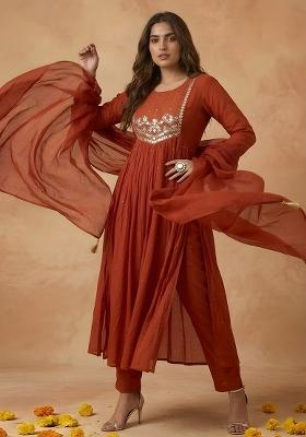 Rust Orange Embroidery Cambric Kurta Set